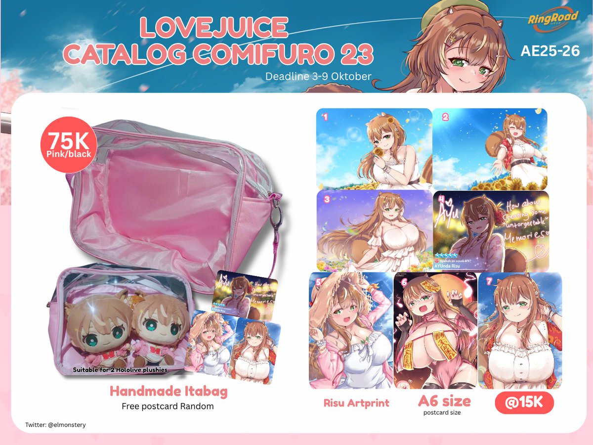 elmonstery's tweet photo. Like &amp; share appreciated!
LoveJuice #CF23 Preorder is Open!
See the full catalog in pics 🩷 

- Fandom : Ayunda Risu, Kureji Ollie
- Circle : @ringroadygy 
PO deadline 3-10 Okt 2026

Overseas Shipping is ready (please check link)
Link Preorder on reply 
#comifuro23 #cf23catalogue https://t.co/TDH9Aj3LUA
