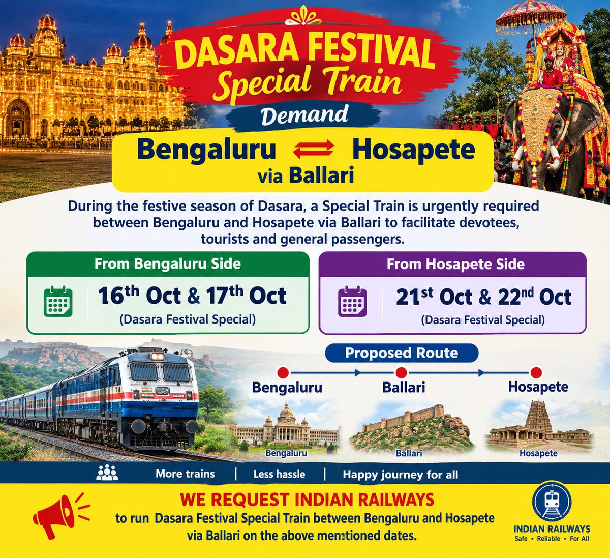 HospetRailUsers's tweet photo. @SWRRLY @GMSWR @drmubl @etukaram_inc @VSOMANNA_BJP @AshwiniVaishnaw @RailMinIndia @RailwaySeva  @DrmMys @drmsbc  Kindly run Dasara festival special train between Bengaluru and Hosapete via Ballari .on 16th and 17th oct from Bengaluru side and 21st and 22nd oct from Hosapete side. https://t.co/YoNPTaIW3P
