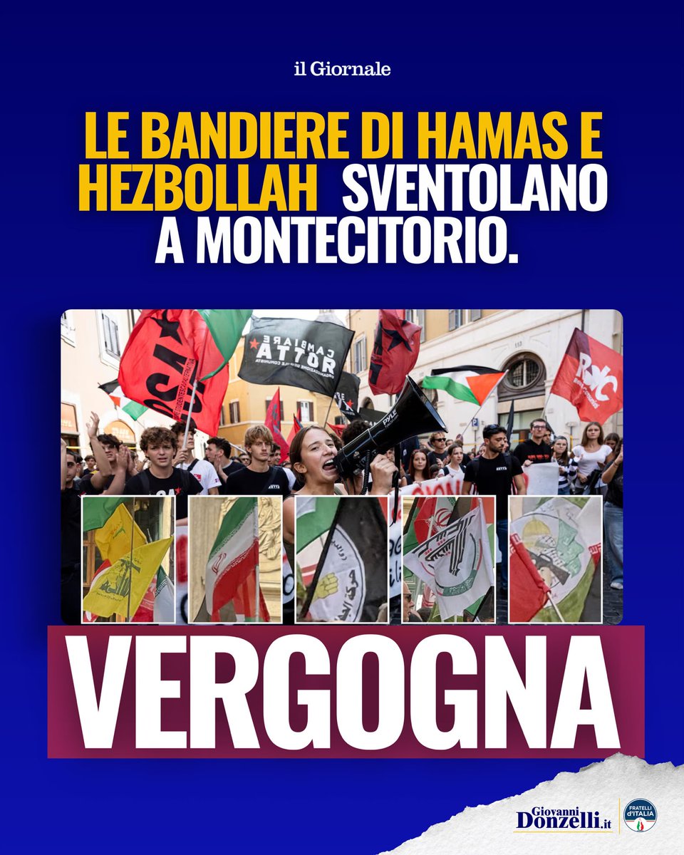 Donzelli's tweet photo. Le bandiere di Hamas e Hezbollah sventolano a Montecitorio.
Vergogna https://t.co/zHzaf1AOAi