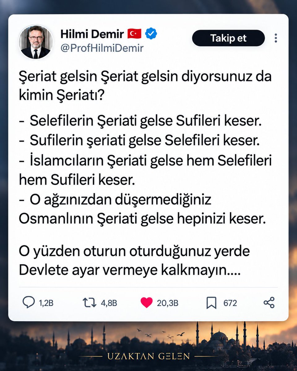 gelen_uzak25041's tweet photo. İlahiyatçı Prof. Dr. Hilmi Demir’den “şeriat” tartışmalarına ezber bozan açıklama. https://t.co/8cncvES8Pk