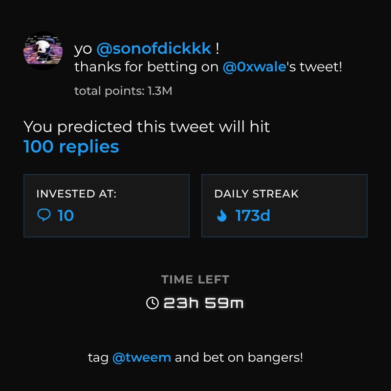 sonofdickkk's tweet photo. GM

173 days of keeping my betting streak on Tweem.

Keep betting on banger tweets.
@tweem
 @edendotlol https://t.co/WZho0LWJlx