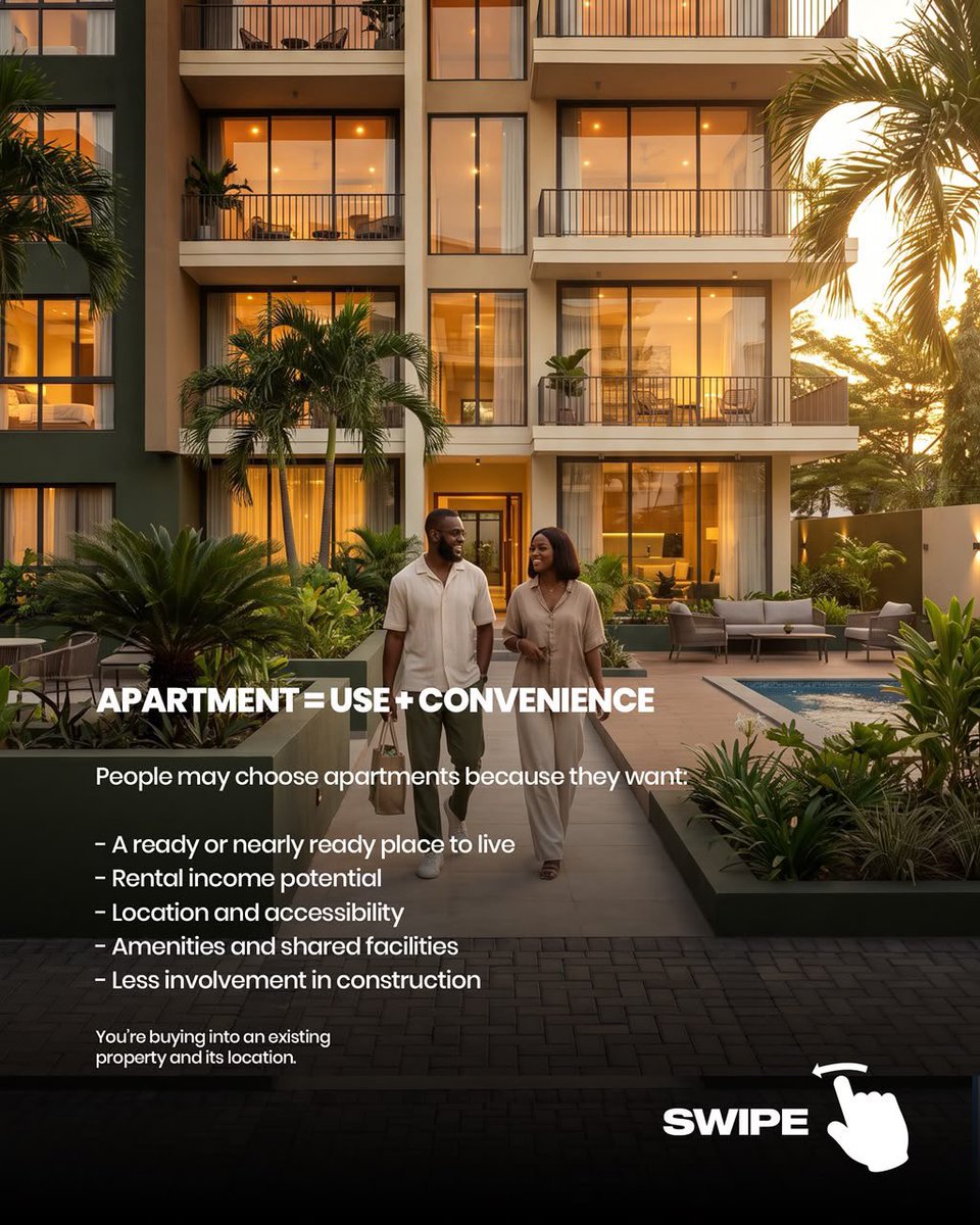 King_E_Philips's tweet photo. An apartment gives you use and convenience — a developed space, access to a particular location, amenities and, depending on the property and market, potential rental income.
So before choosing one, ask a more important question:
What do I actually want my property to do for me? https://t.co/5j2wAmnKNK