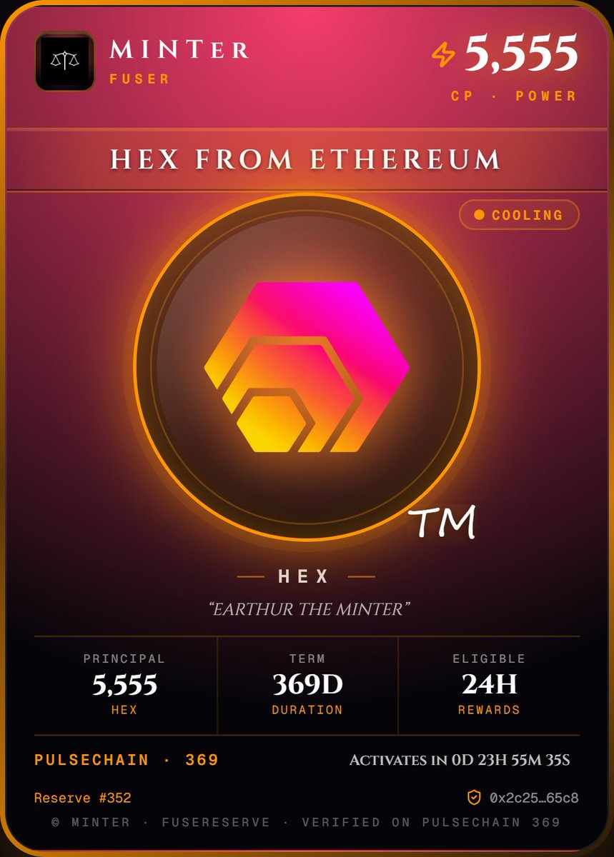 CarlosCCCLXIX's tweet photo. FUSEReserve #352 · $HEX
5,555 HEX committed · 5,555 CP
Status: Cooling
$HEX on FUSEr: 2 FUSEReserves · 11,110 HEX committed · 11,110 CP
Forge your own FUSEReserve on https://t.co/EcriRbShBq:
https://t.co/rTc5bO4Ufd
#FUSEr #MINTer #PulseChain https://t.co/dWIK9ubMRd https://t.co/3CoYr9rZJE