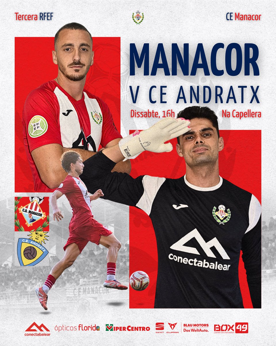cemanacor's tweet photo. ❤️‍🔥 Dia de 𝐌𝐚𝐧𝐚𝐜𝐨𝐫!

🔙 Torna es futbol a Na Cape i ho fa amb un autèntic partidàs

💪🏽 Rebem al @ce_andratx en la jornada 5 de #3RFEF amb ganes i força de continuar amb la bona dinàmica

🔴⚪️ T'esperam a Na Cape!

#OrgullManacorí https://t.co/LSqLyzamHC