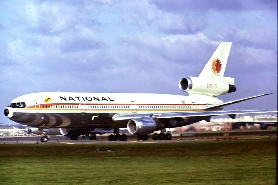 Destroye83's tweet photo. National Airlines  McDonnell Douglas DC-10-30 N80NA  “Tammy”  seen at London Heathrow during the 70s. https://t.co/qnbXuq3fro