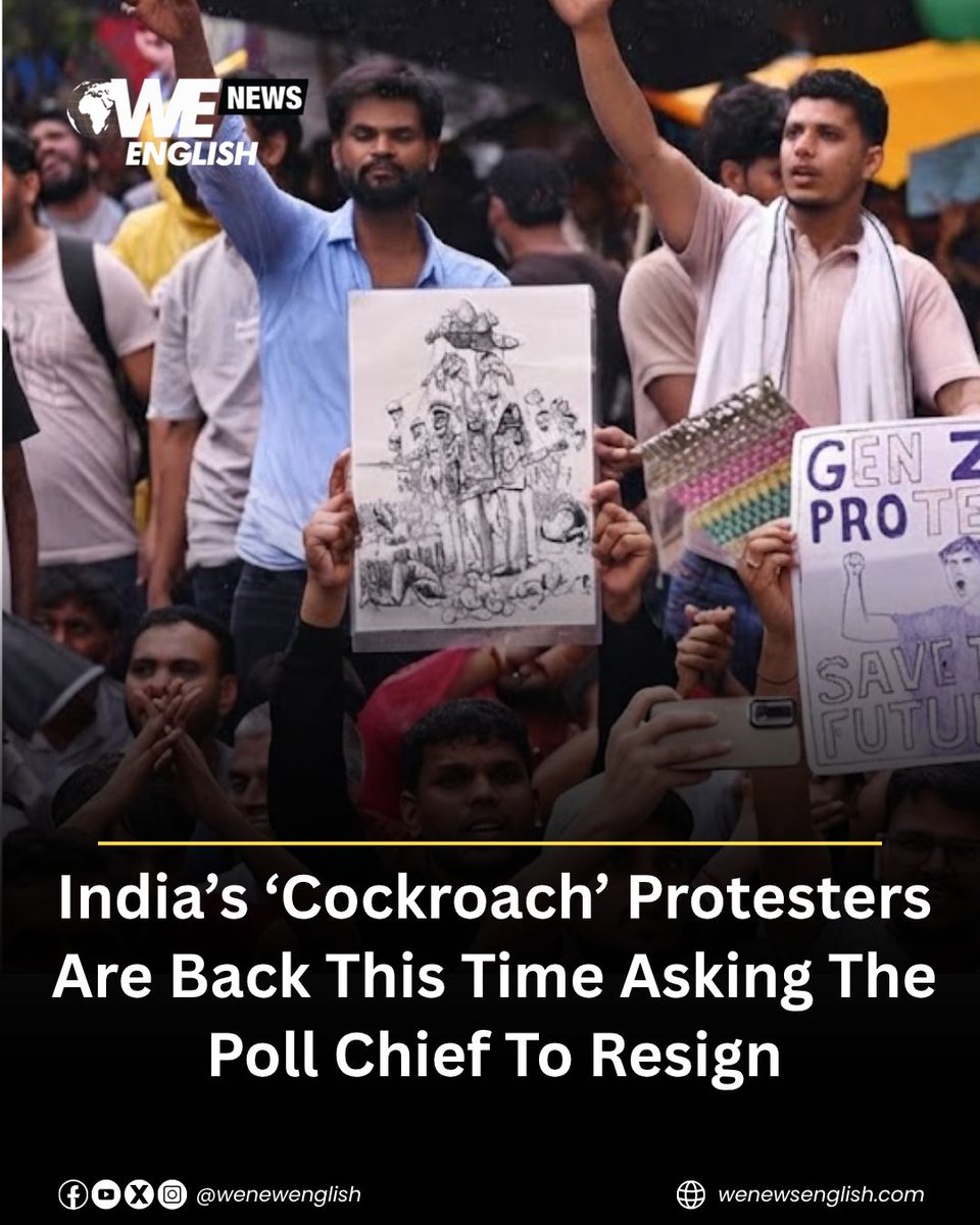 WENewsEnglish's tweet photo. India’s Gen Z-led “Cockroach” protest movement has returned to the streets, with demonstrators demanding electoral reforms and the resignation of Chief Election Commissioner Gyanesh Kumar over alleged irregularities in voter rolls.

The Cockroach Janta Party held a rally in Mumbai, while police detained hundreds of people who attempted to protest in Delhi. The Election Commission and BJP have rejected allegations that the voter-roll revision could favour the ruling party.

Visit our website to read the full story.

#India #IndiaProtests #CockroachJantaParty #WENews