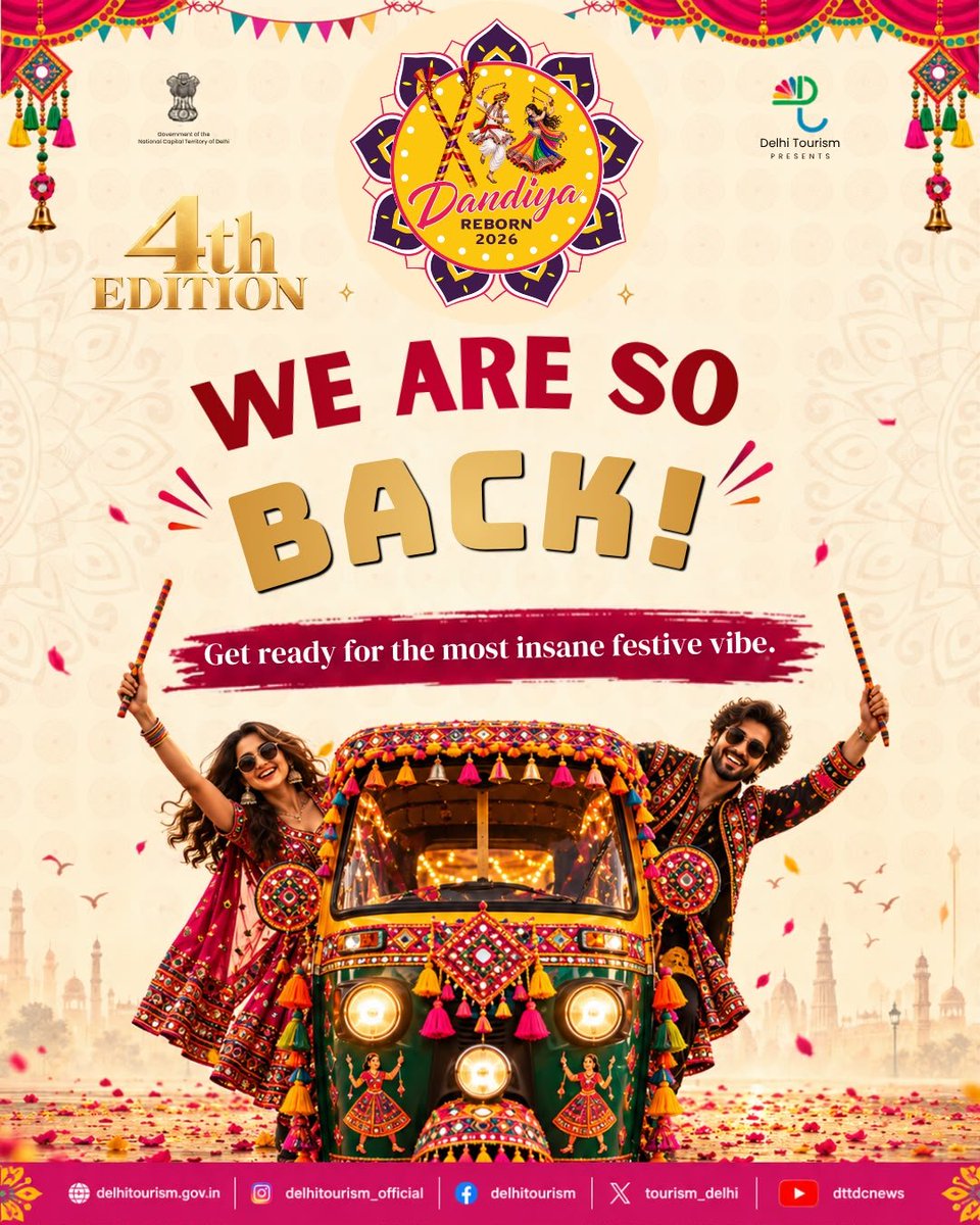 tourism_delhi's tweet photo. Delhi, did you miss us? 

THE COMEBACK IS BIGGER. LOUDER. WILDER! 

The Biggest Dandiya of Delhi is BACK! 

📅 11 &amp; 12 October 2026
📍 JLN Stadium, Gate No. 14

🗓️ Block Your Dates!

#DelhiTourism #Dandiya #DelhiEvents #Navratri https://t.co/qZv6poVcWh