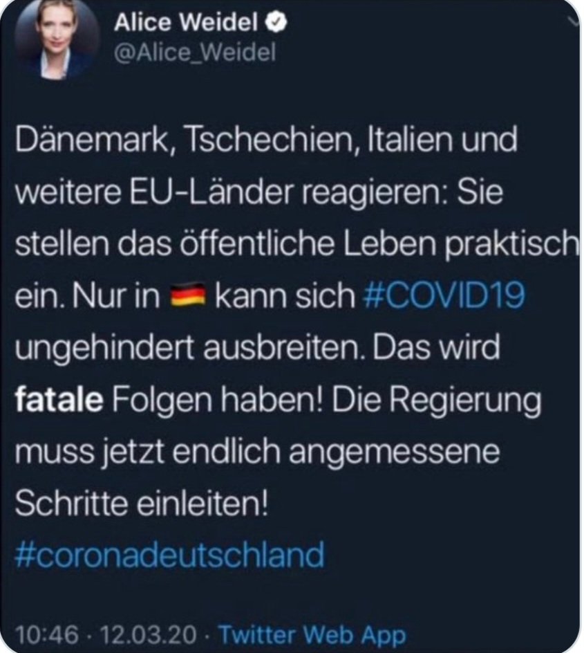 Adrian11192493's tweet photo. Nicht vergessen:

Wie auch die Schweizer @SVPch heulte die @AfD zu Beginn von Corona herum, dass die Regierung nichts mache. Als dann die Massnahmen kamen, riefen die gleichen Parteien: "Diktatur".
So funktioniert "Opposition" bei #Populisten und ihrer mehrheitlich dummen Wählerschaft:
Sinnlos, ohne Linie, Hauptsache dagegen!