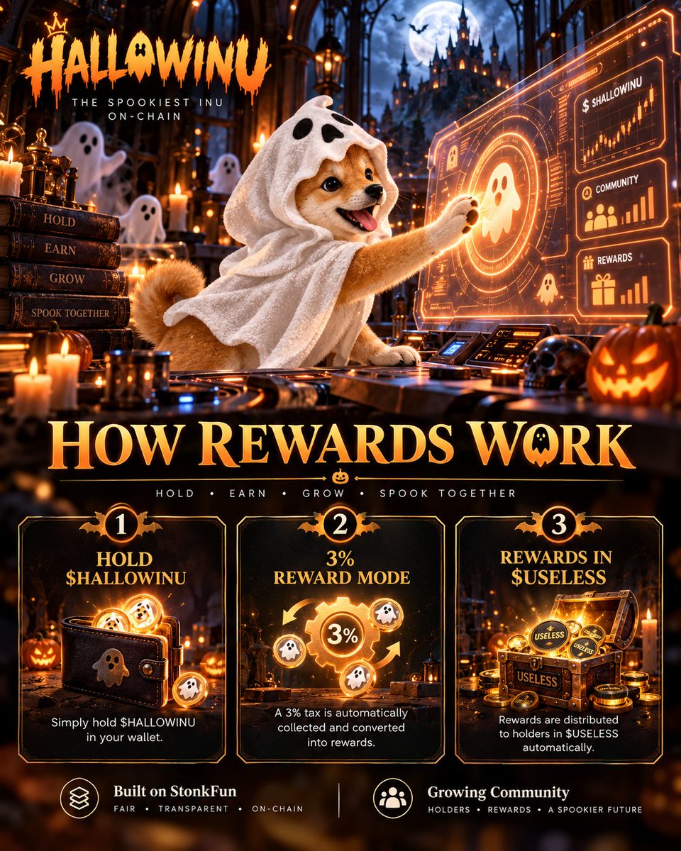 Hallowinustonk's tweet photo. How does $HALLOWINUSTONK work? 👻

1️⃣ Hold $HALLOWINUSTONK
2️⃣ 3% Reward Mode powers the reward system
3️⃣ Holder rewards are distributed in $USELESS

That’s it.

No complicated story.

Hold the Ghost.
Earn the Useless. 🎃 https://t.co/AJFegImVAL