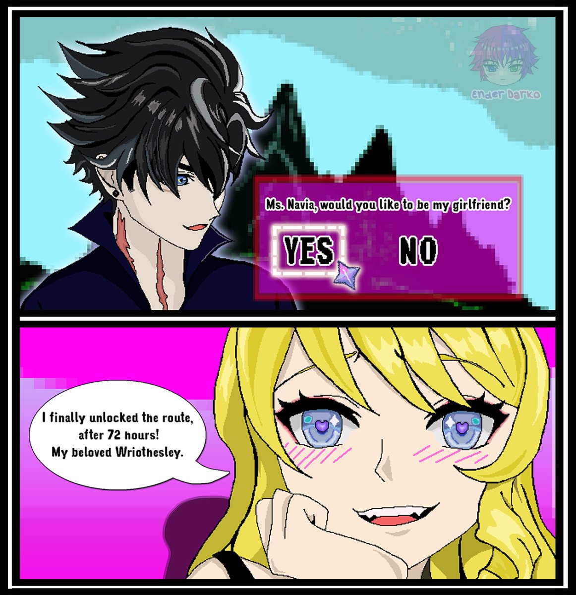 _EnderDarko's tweet photo. Wriovia Week Day 6 ! ♥️ I love you in every universe 🐺
- - Dating sim - -

#wrioviaweek2026
 #Wriovia
 #Wriothesley 
#navia https://t.co/oonznGYsje