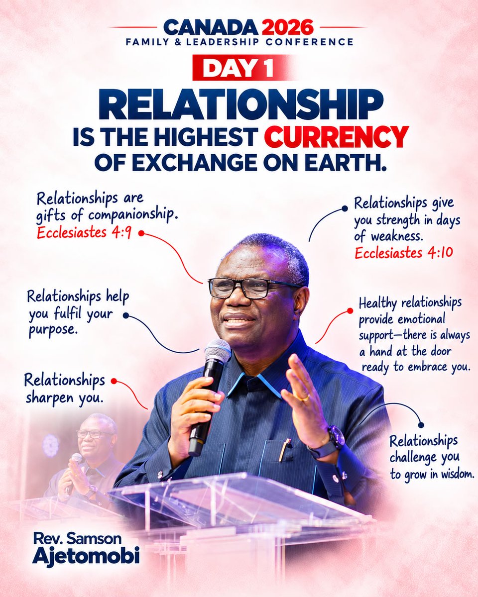 MIVupdate's tweet photo. Relationships are more than connections—they are gifts of companionship, sources of strength, platforms for purpose, and opportunities for growth and wisdom.

📖 “Two are better than one…""—Ecclesiastes 4:9

🎙️ Rev. Samson Ajetomobi

#Canada2026 #FamilyAndLeadershipConference https://t.co/I9ntbAwGnj
