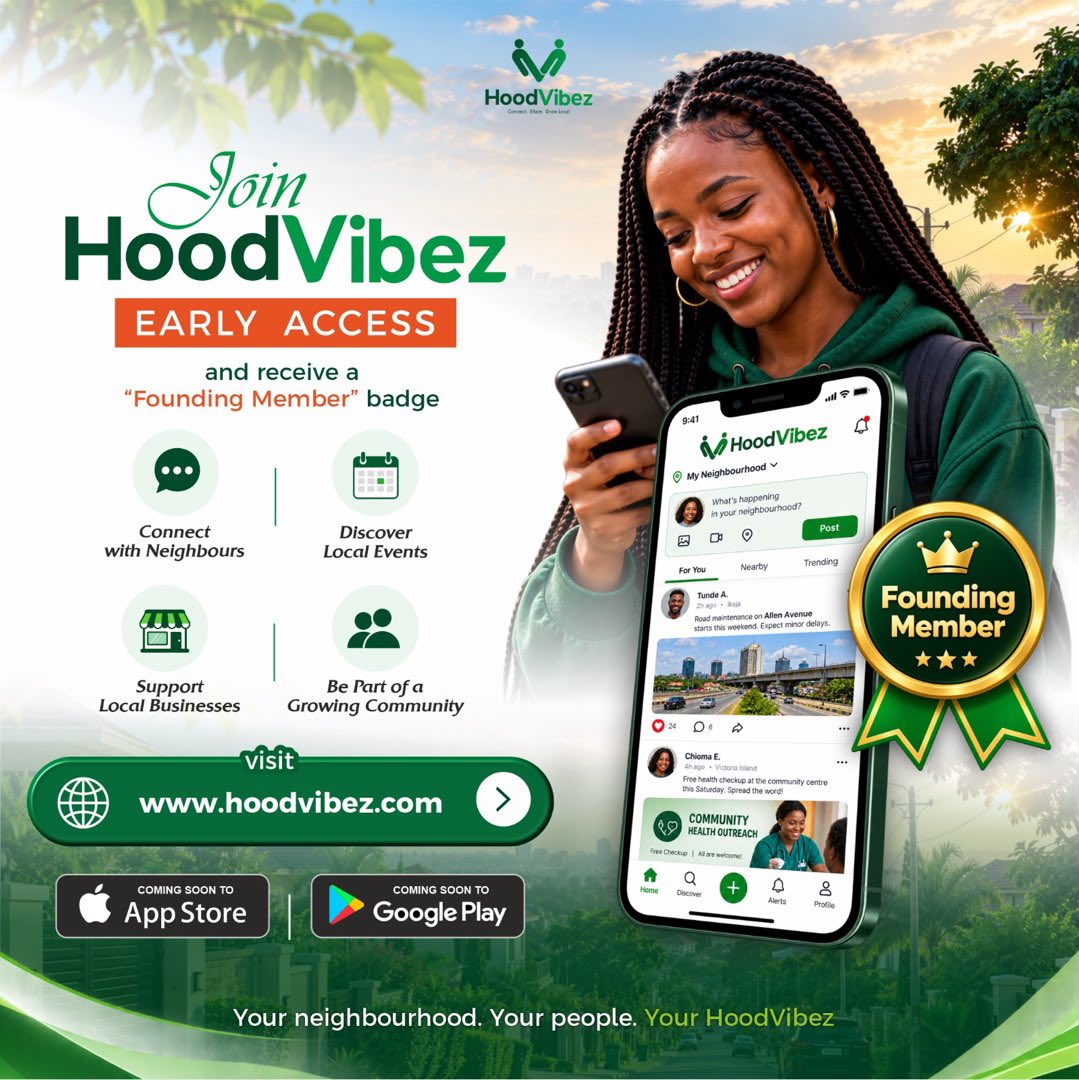 Mazeedahhh's tweet photo. My friend’s husband is building HoodVibez. 

An app that connects you to your neighbors, local businesses, services, buying and selling, events, properties, and so much more. 

You can sign up on the website, whether you’re joining as an individual or registering your business. https://t.co/LG1vvY9UQF