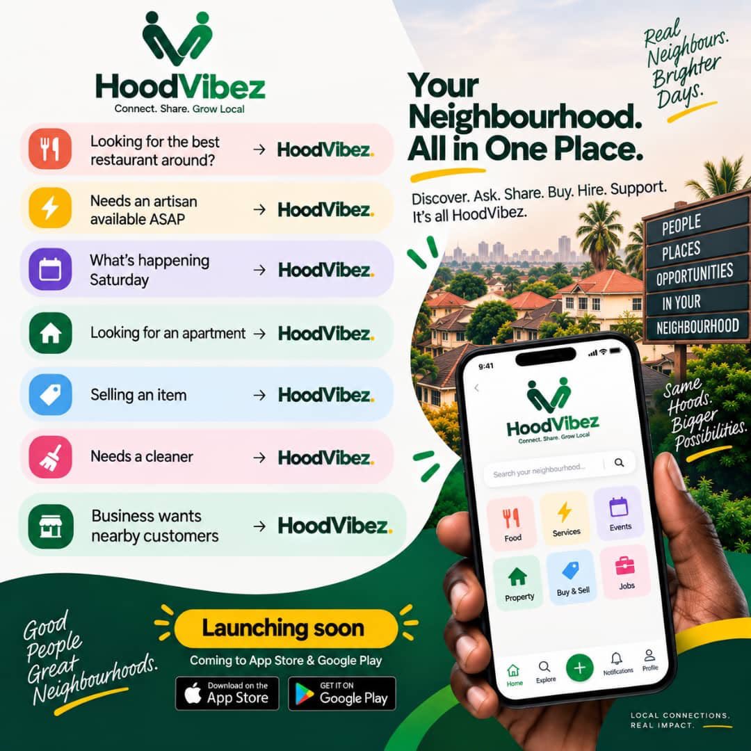 Mazeedahhh's tweet photo. My friend’s husband is building HoodVibez. 

An app that connects you to your neighbors, local businesses, services, buying and selling, events, properties, and so much more. 

You can sign up on the website, whether you’re joining as an individual or registering your business. https://t.co/LG1vvY9UQF
