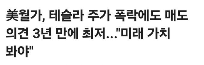 Korean text on a white background reading: '美월가, 테슬라 주가 폭락에도 매도 의견 3년 만에 최저...'미래 가치 봐야''