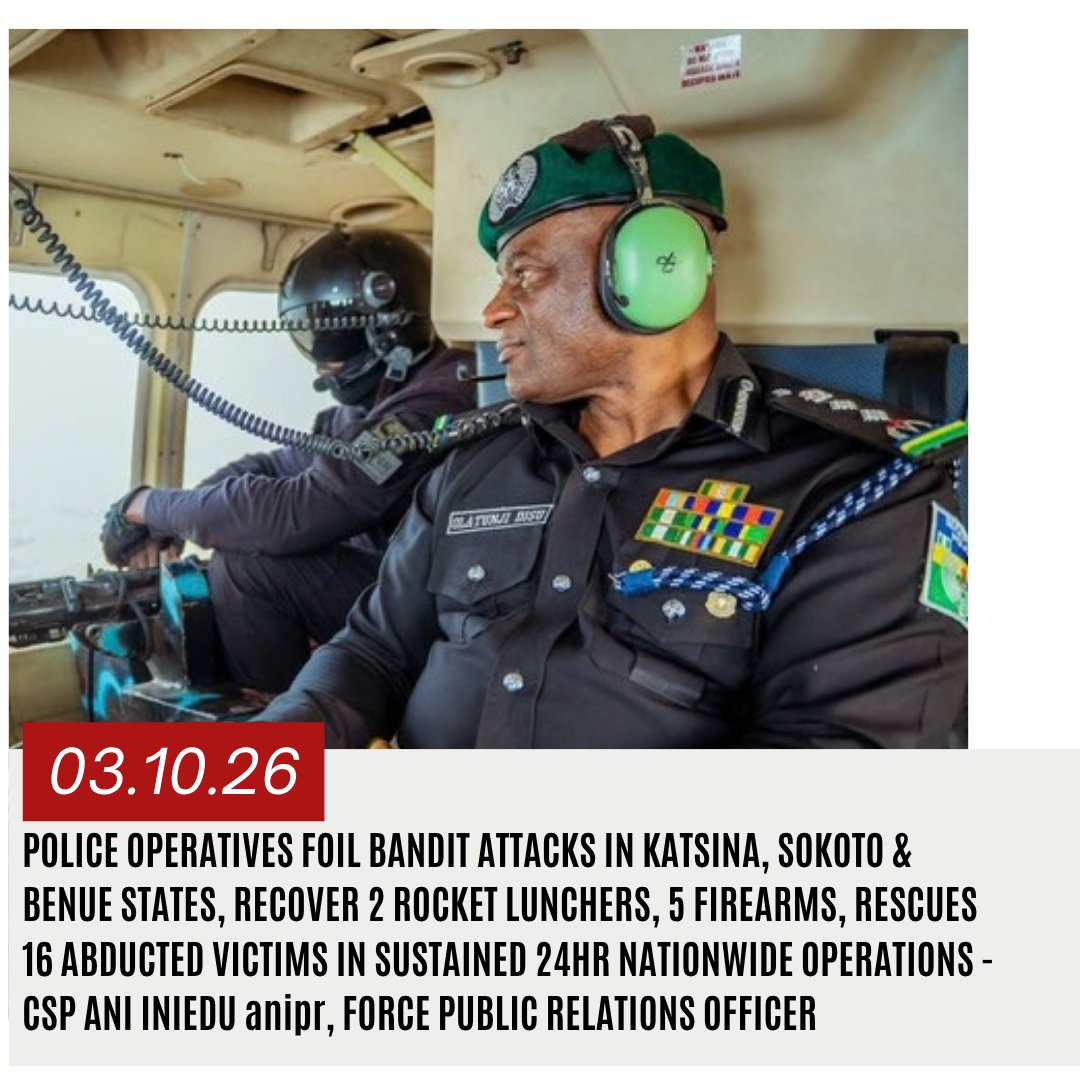 CspIniedu's tweet photo. 🚨BREAKING 24HR OPERATIONAL UPDATES🚨 

Kindly find below the State-by-State Executive Summary of @policeNG Operational Successes for 2nd October, 2026, arranged from the most severe incidents downward:

1. SOKOTO STATE (2nd October, 2026): FOILED BANDIT ATTACK / RECOVERY OF ROCKET LAUNCHERS

✅ Police tactical teams, Anti-Kidnapping Unit and VCRU operatives successfully engaged armed bandits who attacked Tsabre Village, overpowering them and forcing them to flee into the forest with casualties.

✅ Bush combing led to the recovery of 2 rocket launchers, 2 empty AK-47 magazines, 1 Tecno keypad phone, 1 torchlight, 1 army jungle hat, 1 sweater cap, 5 pairs of sandals, and 1 rain jacket. No casualty was recorded on the Police side.

🔹 Status: SCID Sokoto Investigating.

2. BENUE STATE (2nd October, 2026): NEUTRALIZATION OF BANDIT / RECOVERY OF FIREARM

✅ Personnel of Operation Zenda JTF on routine patrol along Amaafu-Abaji Road successfully repelled an ambush by bandits, neutralizing one suspect and recovering his locally fabricated gun. Other suspects fled into the surrounding bushes. No Police casualty was recorded.

🔹 Status: SCID Makurdi Investigating.

3. KATSINA STATE (1st October, 2026): REPELLED BANDIT ATTACK / RESTORED TRAFFIC FLOW

✅ A joint team comprising VCRU, 83 PMF and tactical operatives engaged heavily armed bandits who blocked the Funtua–Zaria Road and opened fire on commuters. The hoodlums were repelled and traffic flow was restored. Four injured commuters were evacuated for treatment.

🔹 Status: SCID Katsina Investigating.

4. OGUN STATE (2nd October, 2026): RESCUE OF NINE KIDNAPPED TRAVELLERS

✅ Nine travellers kidnapped on 29/09/2026 by armed men along the Benin–Sagamu Expressway were released unhurt following sustained pressure mounted by Police and sister security agencies. Their statements were taken and they were reunited with their families.

🔹 Status: SCID Abeokuta Investigating.

5. TARABA STATE (2nd October, 2026): RESCUE OF THREE KIDNAPPED VICTIMS

✅ Due to sustained pressure by Police rescue teams, three of five kidnapped victims — Otuwe Torhumba (37), Kenneth Nyiutse (35) and Michael Emmanuel (27) — were rescued unharmed and reunited with their families.

🔹 Status: SCID Jalingo Investigating.

6. KATSINA STATE (Reporting Period): RESCUE OF FOUR KIDNAPPED VICTIMS

✅ Four kidnapped victims were successfully rescued in Katsina State, as reflected in the consolidated operational returns for the period.

🔹 Status: SCID Katsina Investigating.

7. CROSS RIVER STATE (2nd October, 2026): RESCUE OF TWO VICTIMS FROM CULTISTS

✅ Police operatives mobilized to the scene where suspected Axe Men confraternity cultists unlawfully detained Dominic Columbus Udoh (86) and his son Emmanuel Columbus Udoh (40). The hoodlums fled, and officers forced open the locked apartment with neighbourly assistance, rescuing both victims who had sustained facial and chest injuries. They were conveyed to the Police Hospital for treatment.

🔹 Status: SCID Calabar Investigating.

8. OYO STATE (2nd October, 2026): ARREST OF ARMED ROBBERY/MURDER SUSPECTS / RECOVERY OF IPHONE 7

✅ Operatives of VCRU, acting on credible intelligence, raided a criminal hideout at Sabo Area, Ibadan, and arrested Akinrinola Oluwatobi (28), Okunola Mathew (24) and Ibrahim Rabiu (23) in connection with the armed robbery and murder of Mrs. Wahab Rukayat. An iPhone 7 Plus belonging to the deceased was recovered. The complainant identified the suspects during an identification parade, and they confessed to the crime.

🔹 Status: SCID Ibadan Investigating.

#PoliceIsYourFriend #CitizensAreTheBoss
@TunjiDisu1 @PoliceNG

CSP ANI INIEDU, anipr
FORCE PUBLIC RELATIONS OFFICER
LOUIS EDET HOUSE
FORCE HEADQUARTERS, ABUJA