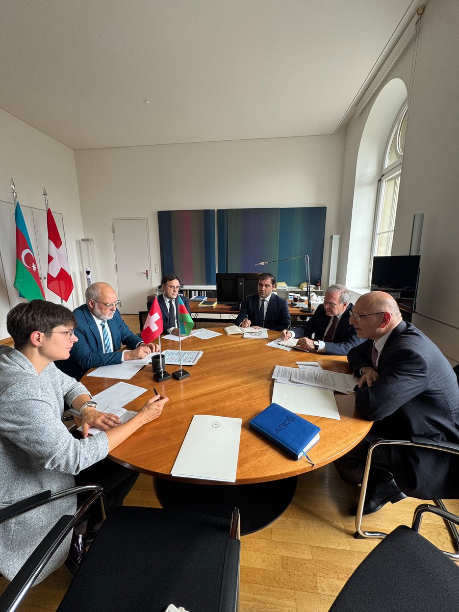 AzEmbBern's tweet photo. During his working visit to 🇨🇭 Special Representative of 🇦🇿 President for Special Assignments Elchin Amirbayov held meetings with Swiss FDFA State Secretary Alexandre Fasel, National Security Adviser Gabriel Lüchinger, Head of international relations at the Swiss Parliament Claudio Fischer, and leadership of the Geneva Centre for Security Policy (GCSP). 
Discussions focused on opportunities to further deepen 🇦🇿🇨🇭 political, economic and humanitarian cooperation, as well as to intensify interparliamentary contacts.
Particular attention was paid to Azerbaijan’s peace agenda, current state and prospects of 🇦🇿-🇦🇲 normalization process,  role of regional connectivity, including Zangezur Corridor with its integral component TRIPP project, in strengthening regional cooperation and contributing to durability of peace. Sides also explored opportunities for interaction in the fields of international security, cybersecurity and humanitarian mine action.
During the visit, Elchin Amirbayov was interviewed by Die Weltwoche.