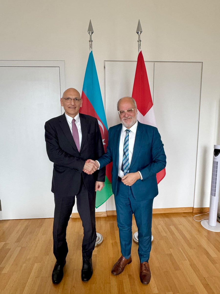 AzEmbBern's tweet photo. During his working visit to 🇨🇭 Special Representative of 🇦🇿 President for Special Assignments Elchin Amirbayov held meetings with Swiss FDFA State Secretary Alexandre Fasel, National Security Adviser Gabriel Lüchinger, Head of international relations at the Swiss Parliament Claudio Fischer, and leadership of the Geneva Centre for Security Policy (GCSP). 
Discussions focused on opportunities to further deepen 🇦🇿🇨🇭 political, economic and humanitarian cooperation, as well as to intensify interparliamentary contacts.
Particular attention was paid to Azerbaijan’s peace agenda, current state and prospects of 🇦🇿-🇦🇲 normalization process,  role of regional connectivity, including Zangezur Corridor with its integral component TRIPP project, in strengthening regional cooperation and contributing to durability of peace. Sides also explored opportunities for interaction in the fields of international security, cybersecurity and humanitarian mine action.
During the visit, Elchin Amirbayov was interviewed by Die Weltwoche.
