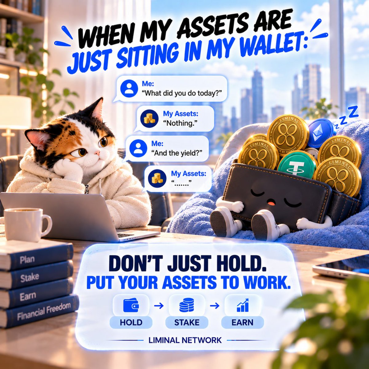 LiminalNet's tweet photo. Your assets in the wallet: 😴💤
You: “And the yield?”
Assets: “……”
Don’t just HOLD.
Put your assets to WORK.
HOLD → STAKE → EARN 💎 https://t.co/nqrNqnn32T