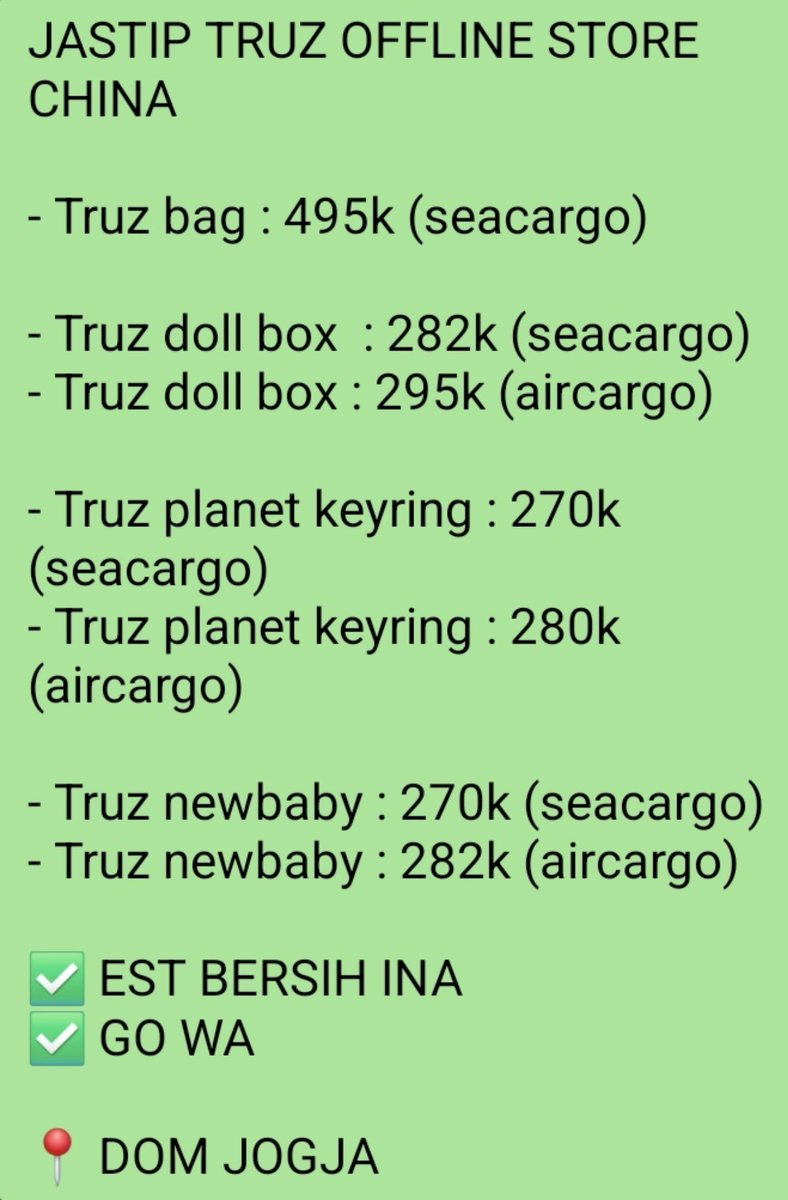 ninininuyy's tweet photo. JASTIP TRUZ OFFLINE STORE CHINA

(Info harga ada di foto terakhir)

✅️ EST BERSIH INA
✅️ GO WA

📍DOM JOGJA

Mention after dm https://t.co/N4Ek7p4tHq