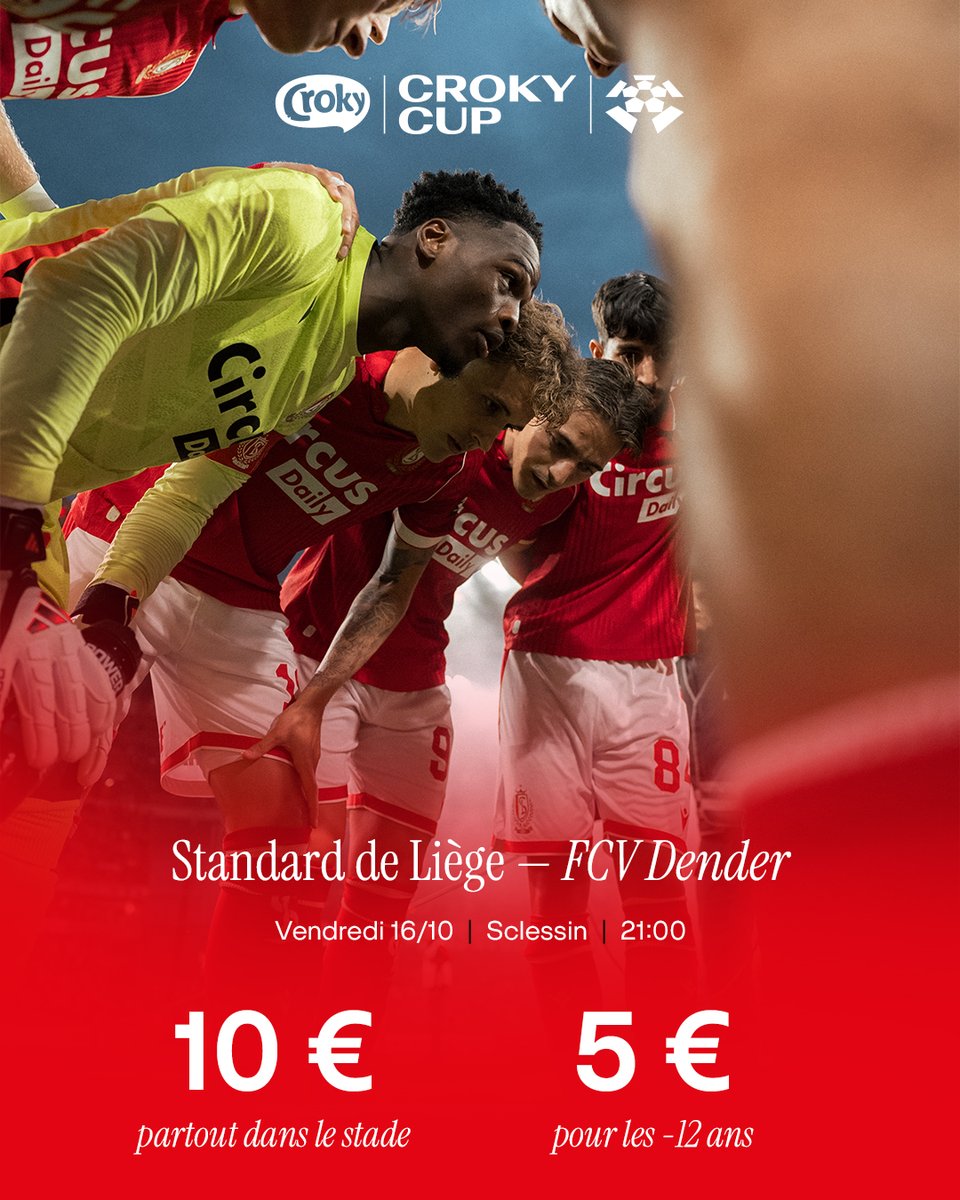 Standard_RSCL's tweet photo. Notre 1/16 de finale de la Croky Cup face au FCV Dender se jouera à Sclessin le vendredi 16 octobre à 21h00. 🗓️ #STADEN

La billetterie est d’ores et déjà ouverte avec une priorité pour les abonnés jusqu’au mercredi 7 octobre inclus. 🎟️

Plus d’infos → https://t.co/t7uv1SvdVZ ℹ️ https://t.co/TWGUAYMTTP