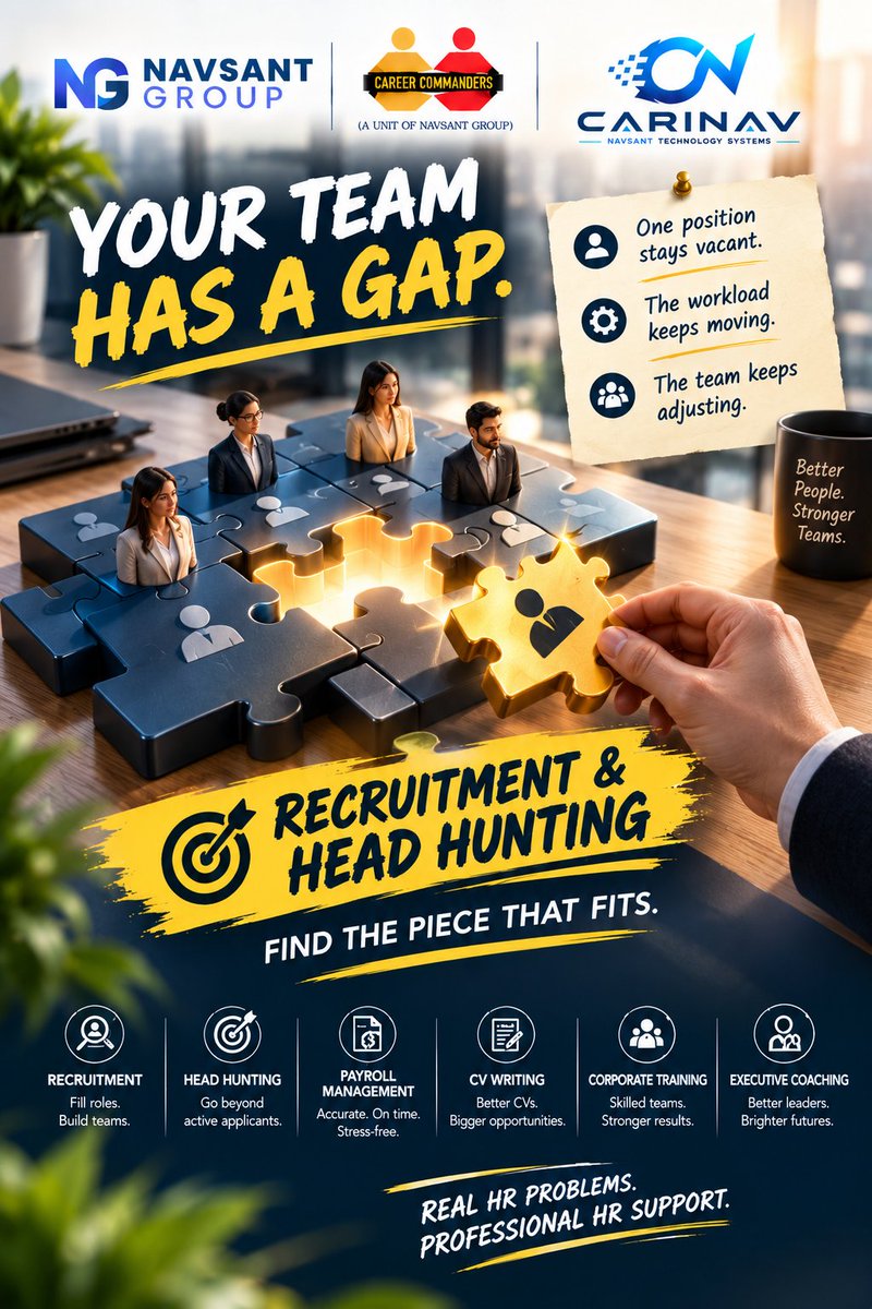 Careercomm50119's tweet photo. YOUR TEAM HAS A GAP.
Career Commanders provides Recruitment &amp; Head Hunting support to help businesses find relevant talent.
 FIND THE PIECE THAT FITS.
#CareerCommanders #Recruitment #HeadHunting #TalentAcquisition #HRServices #Hiring #TalentSearch #HumanResources https://t.co/GsXjYn5GIo