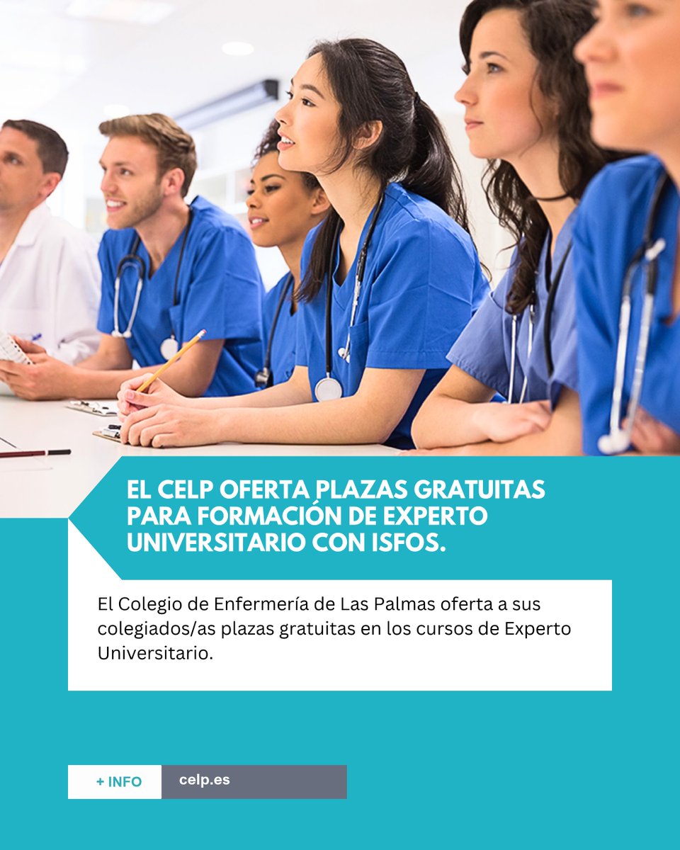 twCELP's tweet photo. 🎓 El Colegio de Enfermería de Las Palmas (CELP) ofrece a sus colegiados/as plazas gratuitas para cursar Expertos Universitarios de ISFOS durante el curso académico 2026-2027.
🇮 Más info: https://t.co/ItYvbUmNTd
#CELP #Formación #ExpertosUniversitariosISFOS https://t.co/RQqbePe4IS
