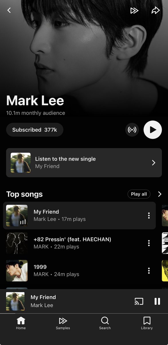 CEOMarkLee's tweet photo. It’s interesting to see Mark’s audience leaning so heavily toward YouTube compared to Spotify right now. Hopefully, those Spotify streams will start steadily climbing ahead of the November release! 
Keep streaming ‘My Friend’ everywhere, markfs! 🩵 https://t.co/3KvUoCio04