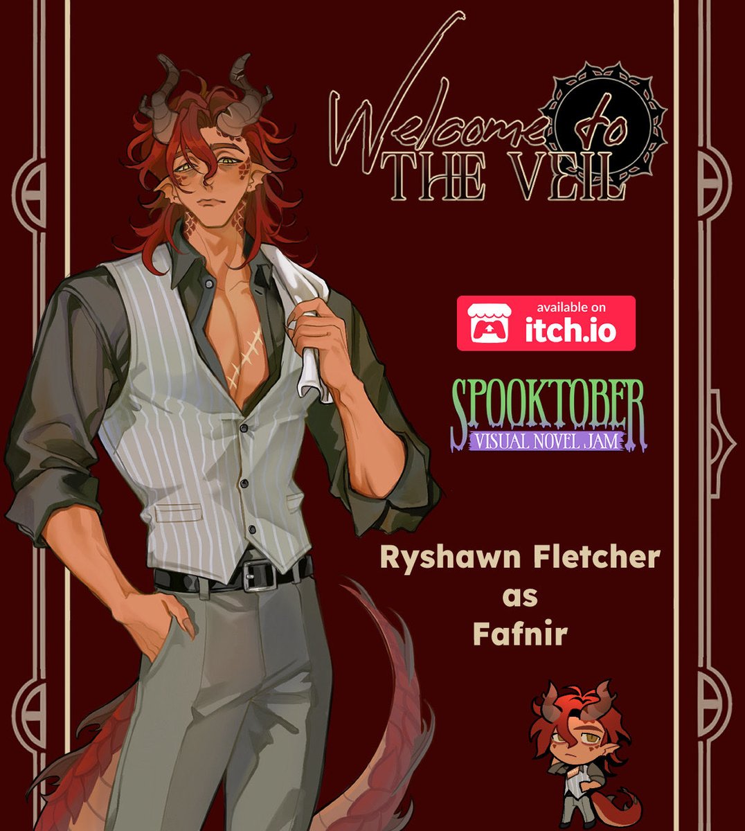 SSleiya's tweet photo. 🥃 ROLE ANNOUNCEMENT! 🥃

It is with GREAT pleasure to share that I voice Fafnir in the visual novel “Welcome To The Veil” for the Spooktober 2026 Game Jam! 🎃

#SpooktoberVNJam #IndieGame #VoiceOver #VisualNovel https://t.co/Xk1bLggLD0