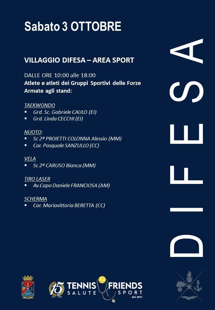 SM_Difesa's tweet photo. 📍Roma | Sport, prevenzione e ricerca protagonisti della seconda giornata del Villaggio Difesa a #TennisAndFriends.

🥋 Taekwondo, nuoto, vela, tiro laser e scherma con gli atleti delle #ForzeArmate.

🩺 Al Villaggio Salute visite specialistiche gratuite e, dalle 10.30, dimostrazioni BLSD ogni mezz’ora per conoscere le manovre che possono salvare una vita.

🔬 Spazio anche a ricerca e tecnologia con la dimostrazione dell’esoscheletro sviluppato dall’Istituto di Scienze Biomediche della Difesa.

🎶 Alle 16.30 l’esibizione della Fanfara a cavallo dei “Lancieri di Montebello”.

Scopri il programma 👇
