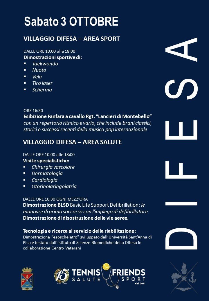 SM_Difesa's tweet photo. 📍Roma | Sport, prevenzione e ricerca protagonisti della seconda giornata del Villaggio Difesa a #TennisAndFriends.

🥋 Taekwondo, nuoto, vela, tiro laser e scherma con gli atleti delle #ForzeArmate.

🩺 Al Villaggio Salute visite specialistiche gratuite e, dalle 10.30, dimostrazioni BLSD ogni mezz’ora per conoscere le manovre che possono salvare una vita.

🔬 Spazio anche a ricerca e tecnologia con la dimostrazione dell’esoscheletro sviluppato dall’Istituto di Scienze Biomediche della Difesa.

🎶 Alle 16.30 l’esibizione della Fanfara a cavallo dei “Lancieri di Montebello”.

Scopri il programma 👇