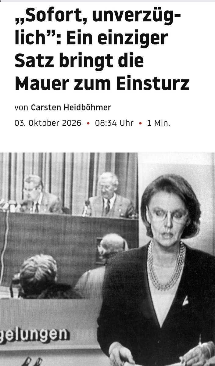 DBSFeld's tweet photo. Zum 36. Tag der Deutschen Einheit.
Der letzte deutsche Politiker, bei dem etwas Positives sofort und unverzüglich umgesetzt wurde, war Günter Schabowski. 😉 https://t.co/HgX5aLnO87