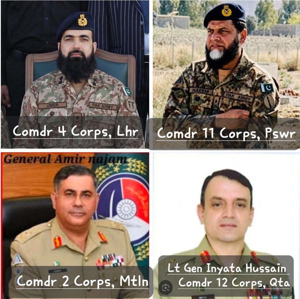 Grey_Wolf19's tweet photo. IMPORTANT APPOINTMENT IN PAK FAUJ : CORPS COMMANDERS

1. Lt Gen Shakir Ullah Khan Khattak, PU - 13 LANCER (unit of Gen Zia ul Haq & Gen Jahangir Karamat), 83 PMA LC. Presently Chairman HIT, Taxila, now posted as Corps Comdr 1 Corps Mangla - strongest force with offensive designs towards India in Punjab & J&K.  Previously GOC 7 Inf Div & DG Analysis in ISI. Being an armoured corps officer & ex DG A, ISI, he has good operational orientation. He is relieving Lt Gen Nauman Zakariya who is most likely retiring. 

2. Lt Gen Amer Najam, PU- 19 Sindh, 84 PMA LC. Presently IG T&E & being relieved by Lt Gen Imdad Hussain Shah, Comdr 30 Corps Gujaranwala. New Corps Comdr Gujaranwala likely to be announced soon. Now taking over 2 Corps (Multan), the second strong offensive force against India in South Punjab.

3. Maj Gen (now Lt Gen) Md Umer Bashir, PU- 140 (SP) Med Regt (Dasht e Ajal), 86 PMA LC. Presently VCGS (B) at GHQ. Now Corps Comdr 4 Corps Lahore. Relieving Lt Gen Fayyaz Hussain Shah who is most likely retiring. Previously , GOC 33 Inf Div. 

4. Maj Gen (now Lt Gen) Naeem Akhtar, PU- 30 POK, 87 PMA LC. Presently, Chief Instructor, A Div, NDU. Previously GOC 7 Inf Div in Miran Shah, North Waziristan. Considered as a youth engager & experienced Gen in Waziristan. Relieving Lt Gen Omer Bokhari who is going as CGS, the post was vacant since previous incumbent Lt Gen Aamer Raza has been promoted to Gen to head Natl Strat Comd. Religious guy. 

5. Lt Gen Inayat Hussain, PU- 2 FF, 84 PMA LC. Presently CLS at GHQ, previously VCGS (A). Hails from Hunza, GB. Shia officer. Close to DG ISPR hence likely to get good PR as Corps Comdr 12 Corps Quetta, his new appointment. Relieving Lt Gen Rahat Naseem who is likely retiring. He was Brigade Comdr during APS Peshawar attack. Experienced in COIN ops.
