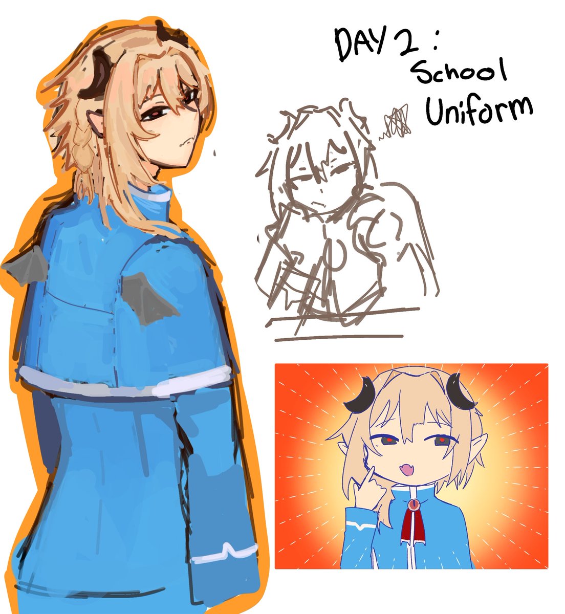 ikokolia_'s tweet photo. #IRUTOBER2026
Day 2 School Uniform!
Haha his little wings is so cute
  I took this school uniform challenge as an opportunity to draw Ellie in demoniche style yay! 
#mirm #wtdsik https://t.co/PI7qJKSZQz