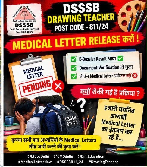 p_vijayran10's tweet photo. An earnest appeal to @LtGovDelhi @CMODelhi @Dir_Education &amp; the Delhi Government 
The recruitment for DSSSB Drawing Teacher (Post Code 811/24) has been dragging since February 2024. release our appointment letters! ⏳🏫
#DSSSB811/24 #DSSSBJoining #DrawingTeacher811/24 #DOEDelhi https://t.co/EpKAoWwaH9