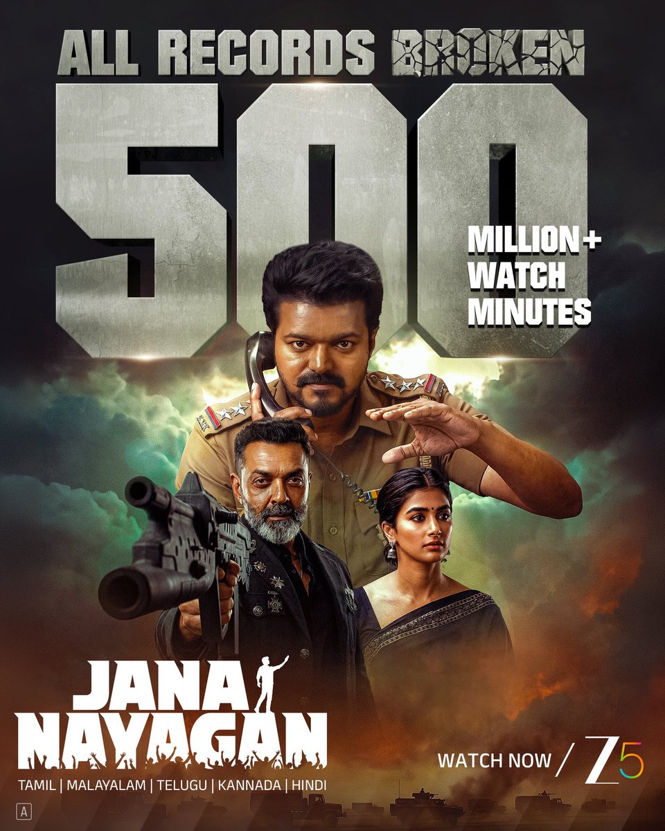 JanaNayaganFilm's tweet photo. #JanaNayagan : 500 Million+ watch minutes on #Zee5 🔥 

ALL RECORDS BROKEN ⚡ https://t.co/yYRt52iZBY