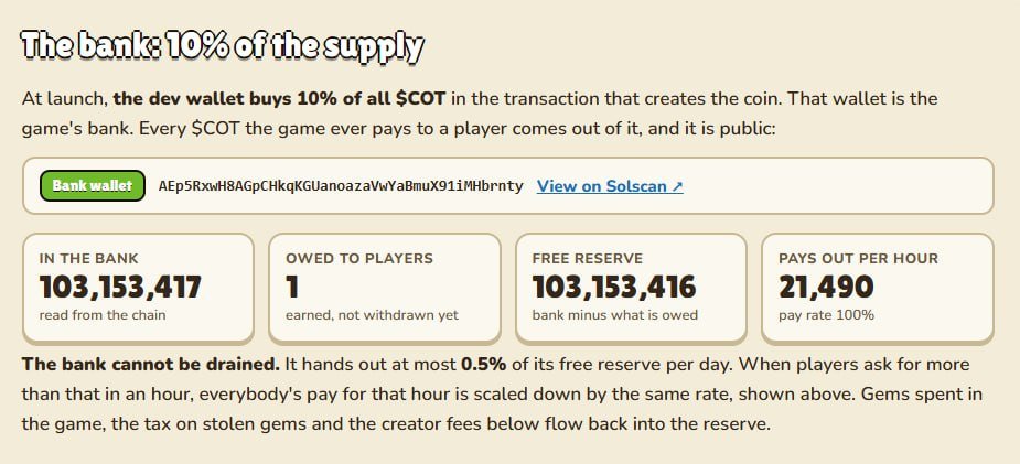clashoftribes's tweet photo. The dev wallet isn't a dev bag. It's the game bank.

It holds 10% of $COT and pays out every raid in Clash of Tribes. It can only hand out 0.5% of itself per day, so it can't be drained, and trading fees buy $COT back into it.

Watch it live: https://t.co/MvquLnO2cQ https://t.co/SU9wZBIrX4