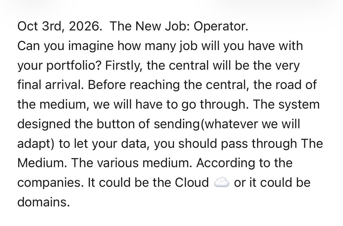 AI_Thinker_0428's tweet photo. Oct 3rd, 2026. Operators. 1/3
#AI #TheVirtualWorld #TheNewIndex #TheLevelOfAnxiety #EmilySourceCode https://t.co/whKmArSJ8N