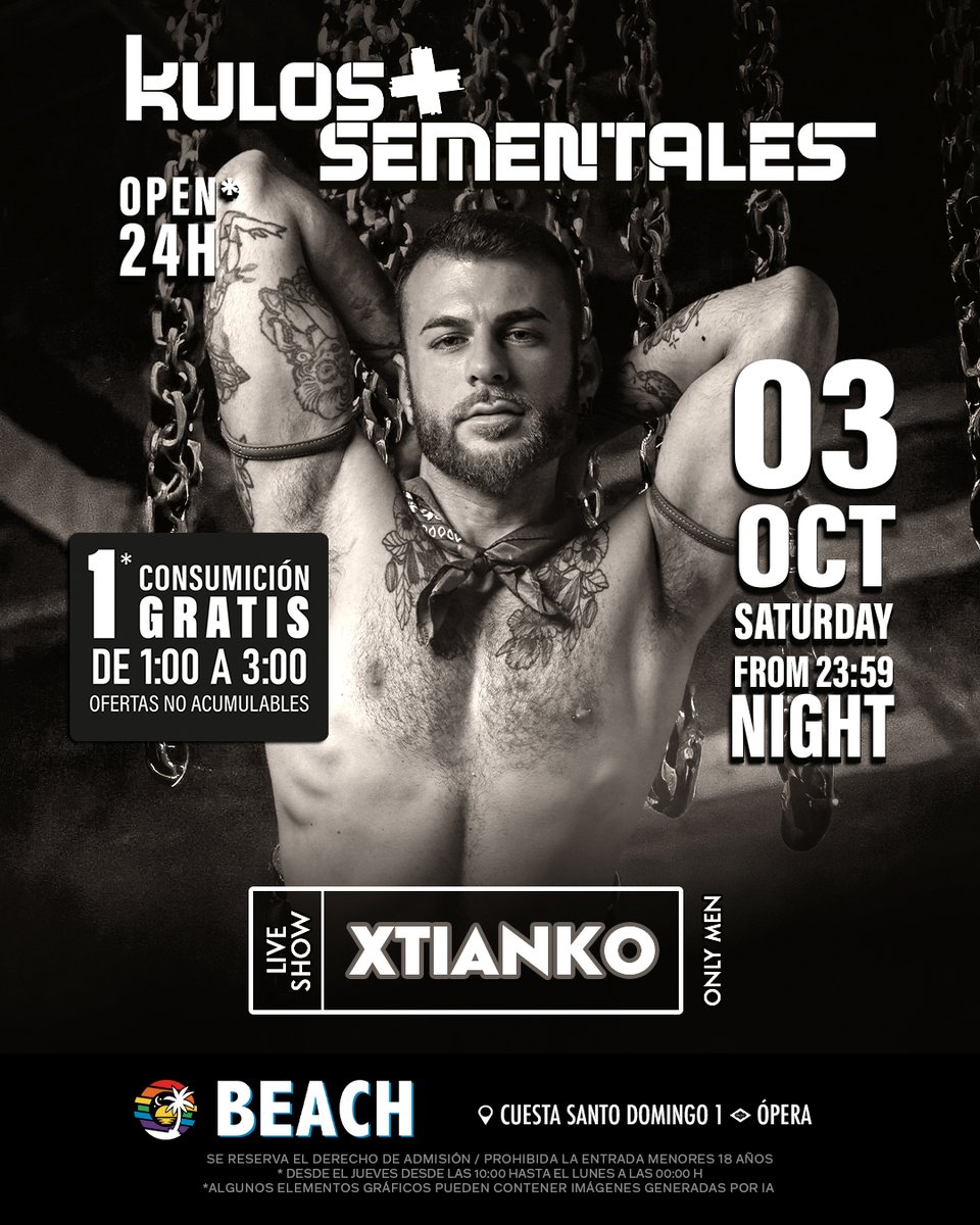 saunabeach_'s tweet photo. 🔥 ¡KULOS + SEMENTALES: EL SÁBADO VIENE FUERTE!
¿Te van los chicos con carácter?
📅 SÁBADO 3 DE OCTUBRE
⏰ DESDE LAS 23:59 H
🎭 Live Show: XTIANKO
🏳️🌈 BEACH – Cuesta de Santo Domingo, 1
#beach #saunagay #madrid #gaymadri #KulosYSementales #BeachNight
Contenido generado por IA https://t.co/eh3LyxIsAi