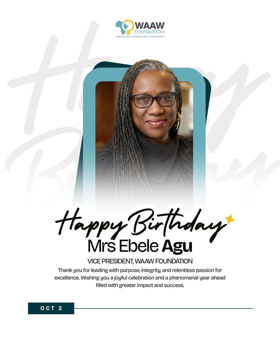 WAAW_Foundation's tweet photo. Happy birthday to our incredible Vice President, Mrs. Ebele Agu! 🎉💛

Thank you for leading with purpose, wisdom and an unwavering commitment to impact. May this new year bring you greater joy, fulfilment and success.

Please join us in celebrating her! 🥳

#HappyBirthday #WAAW https://t.co/JgFc9QNSSS