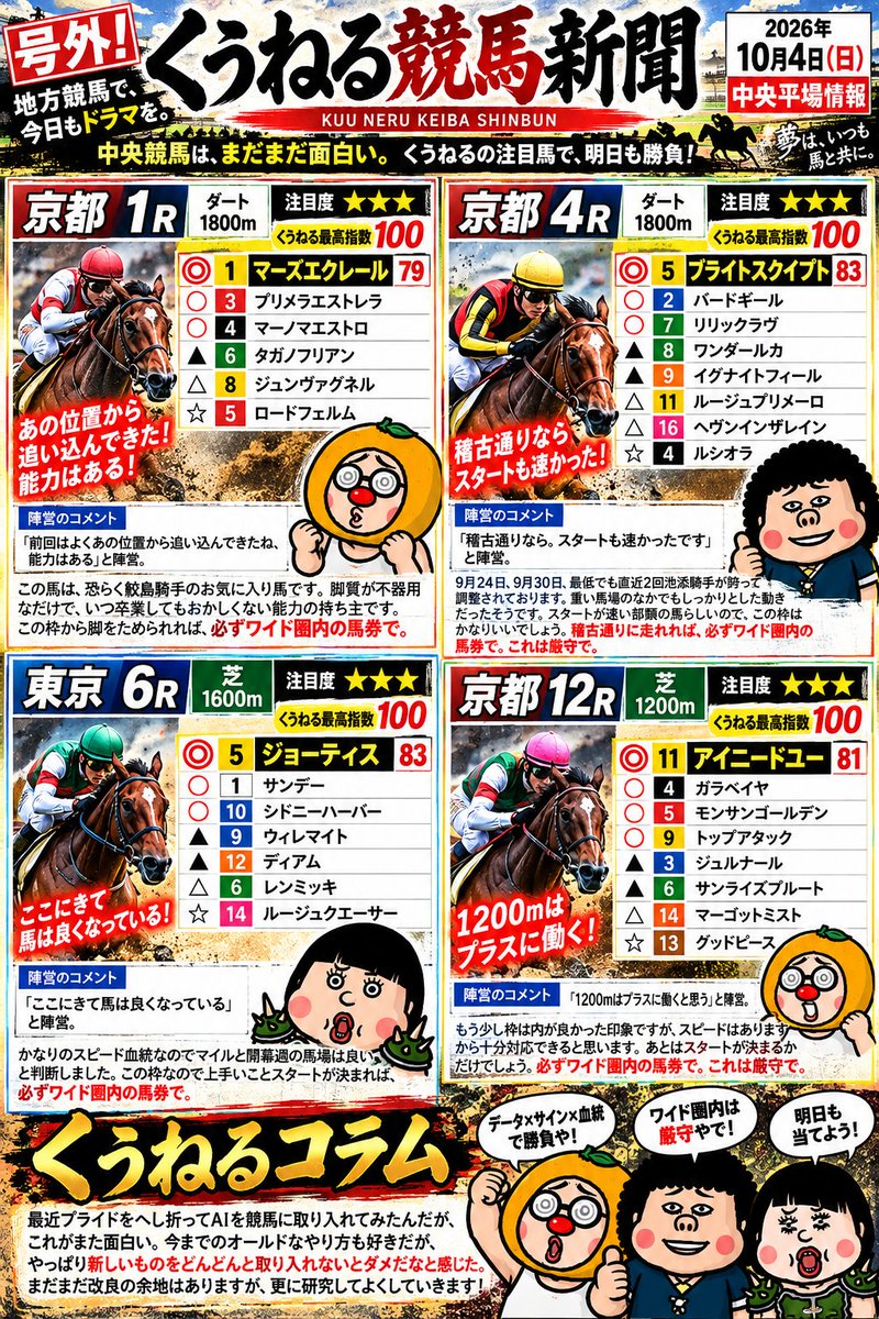keibaumanari04's tweet photo. 4日（日曜）の競馬新聞です。

良かったら参考にしてください🙌
いいね、RTしてもらえたら！

（馬番の色は気にしないでください、馬番が正しいです） https://t.co/h10YgMmjJ2