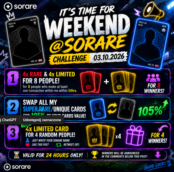 PawelTrader_'s tweet photo. 🔥 WEEKEND @SORARE CHALLENGE IS LIVE! 🔥

⚽️ Time to make some trades and grab some rewards!

🎁 REWARD #1 — TRADING

🔴 4x Rare + 4x Limited
👥 8 winners
Make at least 1 transaction with me within 24h and you'll be entered.

🎁 REWARD #2 — FREE GIVEAWAY
🟡 4x Limited Cards
👥 4 random winners

To enter:
💬 Comment your Sorare username
❤️ Like this post
🔁 Repost

⏰ VALID FOR 24 HOURS ONLY!
🏆 Winners will be announced in the comments after the challenge ends.

Good luck & happy trading! 🍀⚽️
#Sorare #SorareTrading #SorareCommunity #SorareGiveaway #SorareCards
