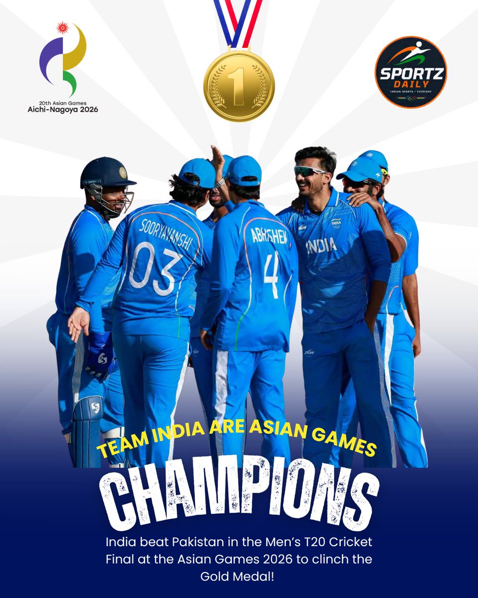 SportzDaily_IN's tweet photo. 🥇🇮🇳 GOLD FOR INDIA IN CRICKET! 🏏🔥

TEAM INDIA ARE ASIAN GAMES CHAMPIONS! 🏆🇮🇳

A huge performance on the biggest Asian stage! 👏🇮🇳

CRICKET GOLD. ASIAN GAMES CHAMPIONS. 🇮🇳🥇🏆

#AsianGames2026 #TeamIndia #IndianCricket #Cricket #GoldMedal #GoldForIndia #INDvsPAK #AsianGames https://t.co/pWKHuTwmMh