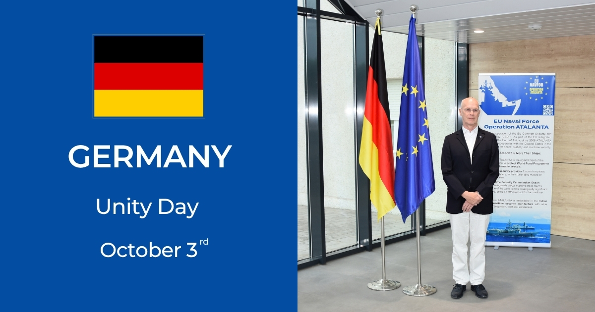 EUNAVFOR's tweet photo. #OperationATALANTA 🇪🇺 wants to congratulate our crewmembers, friends and colleagues from Germany 🇩🇪 on their Day of German Unity.

@germanyintheeu @BMVg_Bundeswehr 

#MoreThanShips https://t.co/ZyG8gRWRZb