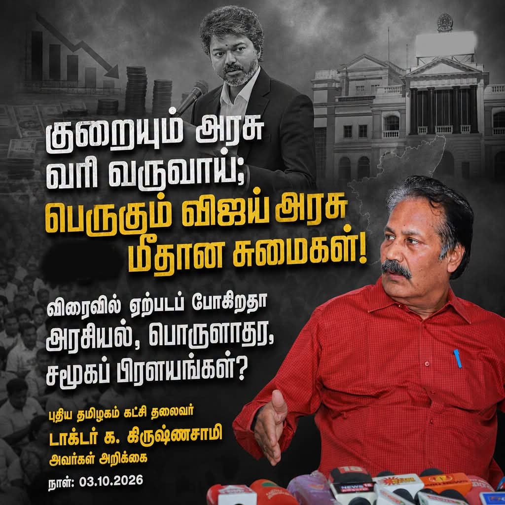 DrKrishnasamy's tweet photo. குறையும் அரசு வரி வருவாய்; பெருகும் விஜய் அரசு மீதான சுமைகள்!

விரைவில் ஏற்படப் போகிறதா அரசியல், பொருளாதார, சமூகப் பிரளயங்கள்?
.................................................

 107 சட்டமன்ற உறுப்பினர்களின் எண்ணிக்கையோடு, நம்பிக்கைக்குப் பாத்திரமற்ற சில அரசியல் கட்சிகளின் ஆதரவோடு ஆட்சிப் பொறுப்பில் உள்ள விஜய் அரசு, பொறுப்பேற்று ஐந்து மாதங்கள் நிறைவடைய உள்ளன.

 பூரண மதுவிலக்கு, ஊழலற்ற ஆட்சி போன்ற எண்ணற்ற வாக்குறுதிகளை அள்ளித் தெளித்து ஆட்சிக்கு வந்துள்ள விஜய் அரசு, கொடுத்த எந்த வாக்குறுதியையும் நிறைவேற்ற முடியாமல் தள்ளாடுகிறது.

 சட்டமன்ற உறுப்பினர்கள் முதல் முதலமைச்சர் வரை நிர்வாக அனுபவமின்மை, அரசின் பல செயல்பாடுகளிலும் வெளிப்படுகிறது.

தினமும் நடைபெறக்கூடிய கொலைச் சம்பவங்கள், சட்டம் ஒழுங்குப் பிரச்சினைகள், மக்களின் போராட்டங்கள் என ஒருபுறம்; இன்னொருபுறம் தொடர் மின்வெட்டு. சிறுகுறு தொழில் முதல் பெரிய நிறுவனங்கள் வரையிலும் சுய மின் உற்பத்தி மூலம் மட்டுமே செயல்படும் அவல நிலை. ஒட்டுமொத்தத்தில் எல்லா குறைபாடுகளும் ஒருங்கிணைந்து, பொருளாதார வளர்ச்சியை முடக்கிப் போட ஆரம்பித்துவிட்டது.

 கடந்த ஆண்டு ஜூலை, ஆகஸ்ட், செப்டம்பர் மாதங்களின் வரி வருவாயை ஒப்பிடுகையில், இந்த ஆண்டு ஜூலை, ஆகஸ்ட் மாதங்களில் ஒரு சதவீதக் குறைவும், செப்டம்பரில் ஜிஎஸ்டி (GST) வரி வருமானம் ஐந்து சதவீதமும் குறைந்து போயிருக்கிறது. அதே நேரத்தில் பல மாநிலங்களின் வருவாய் பன்மடங்கு பெருகியுள்ளது. இனி அக்டோபர், நவம்பர் மாதங்களில் என்ன நடக்கும் என்று தெரியவில்லை.

 இது இப்படியே போனால், மிகப்பெரிய அளவுக்குப் பணப்புழக்கம் குறைந்து, பெரும் பொருளாதார நெருக்கடி ஏற்படலாம். பலருக்கும் வேலைவாய்ப்புகள் பறிபோக வாய்ப்புண்டு.

 படுத்துக் கிடக்கின்ற இந்த அரசை யார் தட்டியெழுப்புவது, எங்கிருந்து தட்டியெழுப்புவது? தலை எங்கே இருக்கிறது, கால் பகுதி எங்கே இருக்கிறது என்று யாருக்கும் தெரியவில்லை.

 ஓரு ஆரோக்கியசாமியும் ஒரு விஷ்ணு பிரசாத்தும் அரசை நடத்த முற்பட்டால், இதுபோன்ற விளைவுகள்தானே ஏற்படும்?

 ஐந்து மாதங்களுக்கு முன்பு வீசிய 'விஜய் அலை', இப்போது எங்கும் இருப்பதாகத் தெரியவில்லை. ஓர் இடைத்தேர்தலுக்கு வீதி வீதியாக ஒரு முதலமைச்சர் செல்ல வேண்டிய நிலை உருவாவதிலிருந்தே, அன்று உருவானது ஒரு தற்காலிகமானது என்பதும், முந்தைய ஆட்சியாளர்கள் மீதான ‘வெறுப்பு’ மட்டும்தான் என்பதும் தெரிகிறது.

 மதுராந்தகமும் தாராபுரமும் புகட்டும் பாடத்தால் புரிந்து கொள்வார்களா, அல்லது சுய விழிப்புணர்வு கொள்வார்களா?

 தமிழ்நாட்டின் வரி வருவாய் குறைந்து வருகிறது என்றாலே, பிற வருவாய்களும் தானாகவே குறையும் என்பதுதான் கணக்கில் கொள்ள வேண்டும். மீண்டும் அரசுக்கு கடன் சுமை அதிகரிக்கும். முந்தைய ஆட்சியாளர்கள் ஐந்து ஆண்டுக் காலத்தில் வாங்கிய கடனைக் காட்டிலும், இவர்கள் ஒரு வருடத்திற்குள்ளாகவே வாங்க வேண்டிய சூழல் ஏற்படலாம்.

 தமிழ்நாட்டில் விரைவில் ஏற்படப் போகும் அரசியல், பொருளாதார, சமூகப் பிரளயங்களை எதிர்கொள்ள எச்சரிக்கையுடன் இருப்போம்.

டாக்டர் க.கிருஷ்ணசாமி MD, Ex.MLA, 
நிறுவனர் & தலைவர்,
புதிய தமிழகம் கட்சி.
03.10.2026