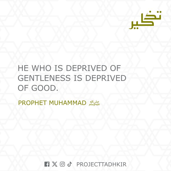 ProjectTadhkir's tweet photo. "He who is deprived of gentleness is deprived of good." - Prophet Muhammad ﷺ https://t.co/mTerSTBx6w