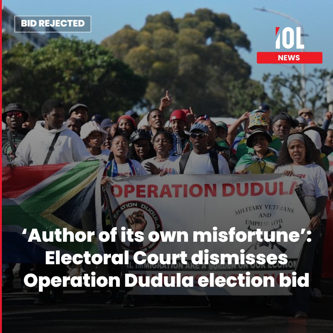 IOL's tweet photo. The Electoral Court has rejected Operation Dudulaโs request for an extra 48 hours to submit outstanding party lists and ward nominations for South Africaโs 2026 municipal elections.
Read on https://t.co/yCbIxEq5fY
#OperationDudula #Elections #IEC #localgovernmentelections https://t.co/9i6EnFz8b1