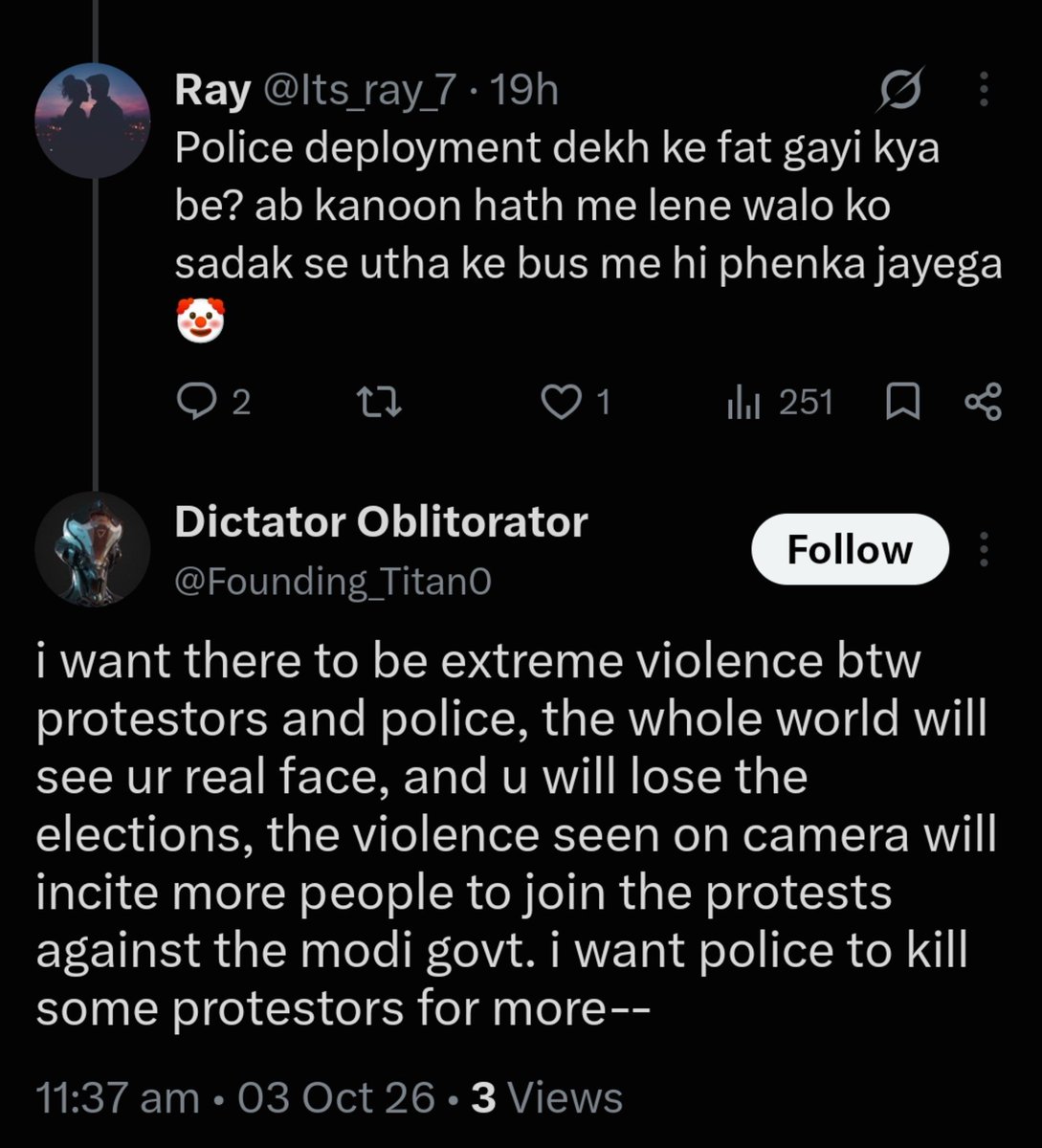 Its_ray_7's tweet photo. @Founding_Titan0 @DelhiPolice Lamo 😂 Look at the pathetic backtrack: from "I WANT police to kill protestors" to "I am just predicting"! "I want" is a direct wish for bloodshed, not a prediction. The screenshot has your exact words; changing English grammar now won't save you from your own sick mind 🤡 https://t.co/lME5jzaqkH