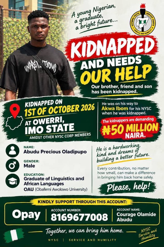 Mertenszn's tweet photo. 🚨 PLEASE HELP US BRING PRECIOUS HOME🙏🏽

Our brother, Abudu Precious Oladipupo, is still in need of urgent support.Every donation, no matter how small, can help support efforts to secure his safe return.

🏦 Opay
👤 Courage Olamide Abudu
💳 8169677008

Please donate and RT widely https://t.co/1hUzdHRCwE