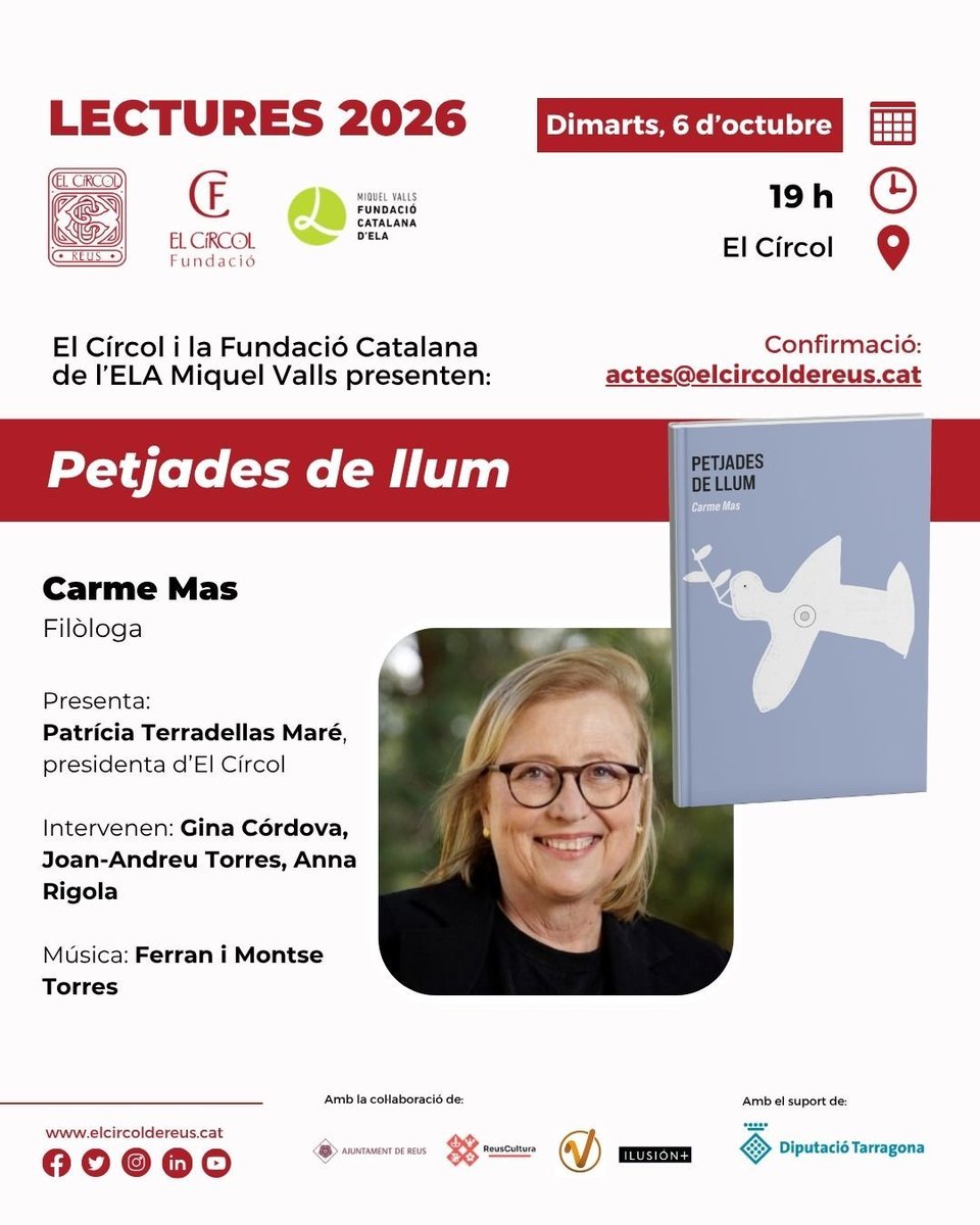 Vincle_Ed's tweet photo. 📖 Carme Mas presenta Petjades de llum a Reus.

🗓 Dimarts 6 d'octubre, 19 h
📍 El Círcol
🤝 Amb la Fundació Catalana de l'ELA Miquel Valls

Confirmació: actes@elcircoldereus.cat https://t.co/YRzQzEhIhM