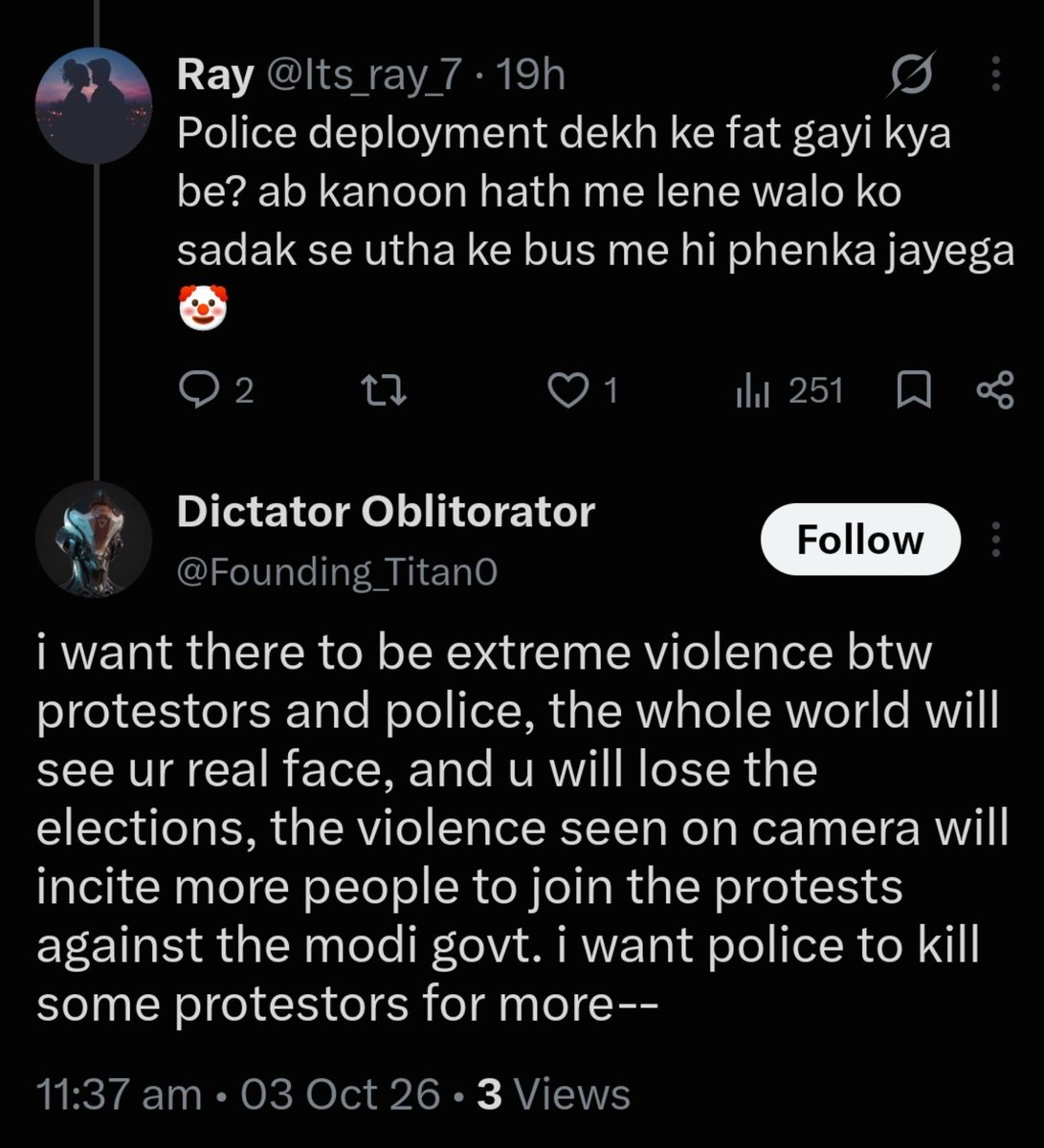 Its_ray_7's tweet photo. @Founding_Titan0 @DelhiPolice 😏it's you right? - " kill some protestor for more https://t.co/eGT2VxJpHP